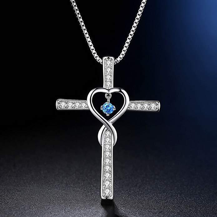 Infinity Love God We Trust Christian Cross Birthstone Crystal Pendant Necklace Colour Gems Zircon Heart Necklace Women Jewelry