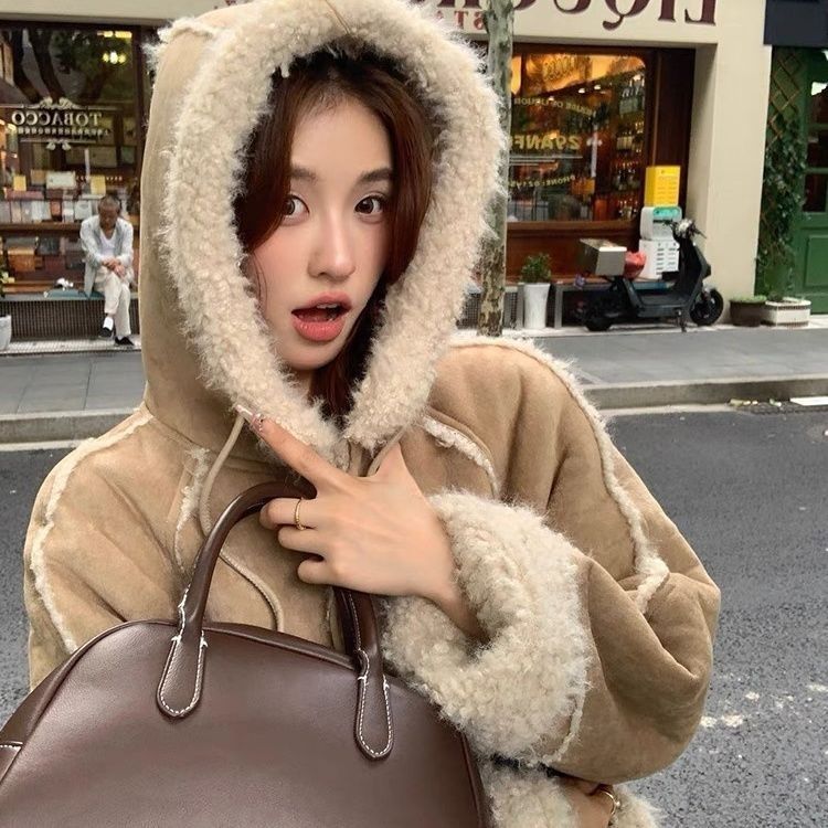 Hooded Suede Fur Lamb Warm Leisure Slimming Coat