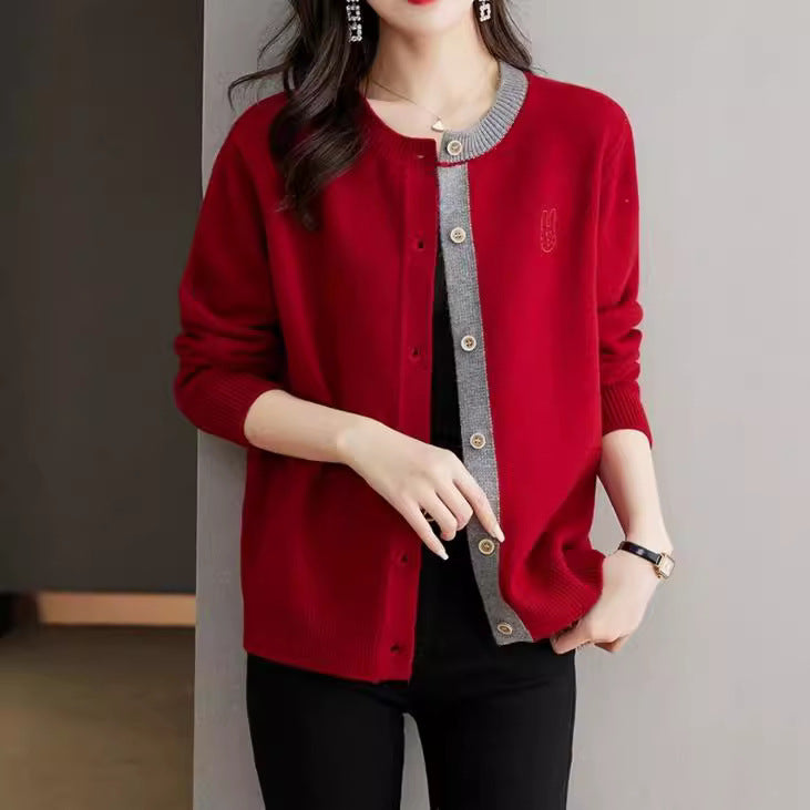 Round Neck Wool Knit Cardigan Women's Loose Western Style Outer Wear