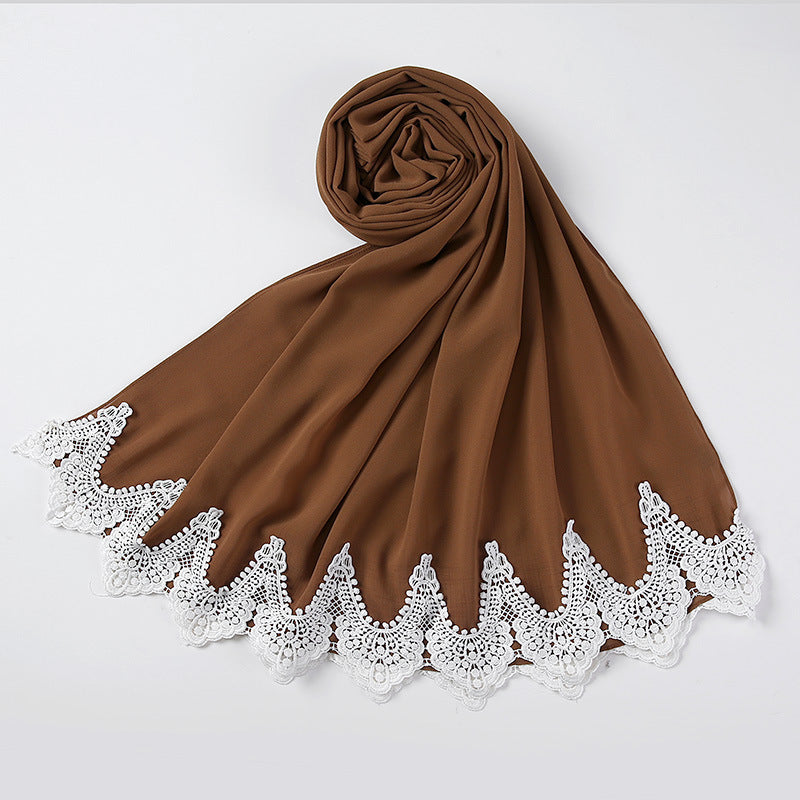 New Pearl Chiffon Scarf Malaysia Fashion Stitching Lace Scarf