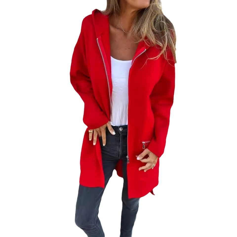 Autumn And Winter Solid Color Casual Zipper Hooded Jacket Coat