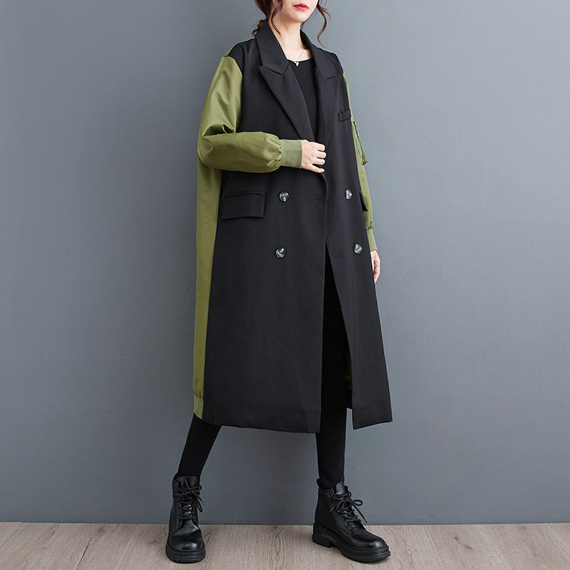 Temperament Leisure Color Matching Double-layer Suit Collar Cardigan Trench Coat