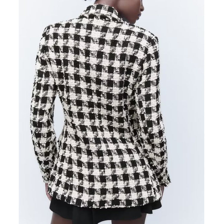 Lapel Long Sleeve Double Breasted Houndstooth Coat Top For Women