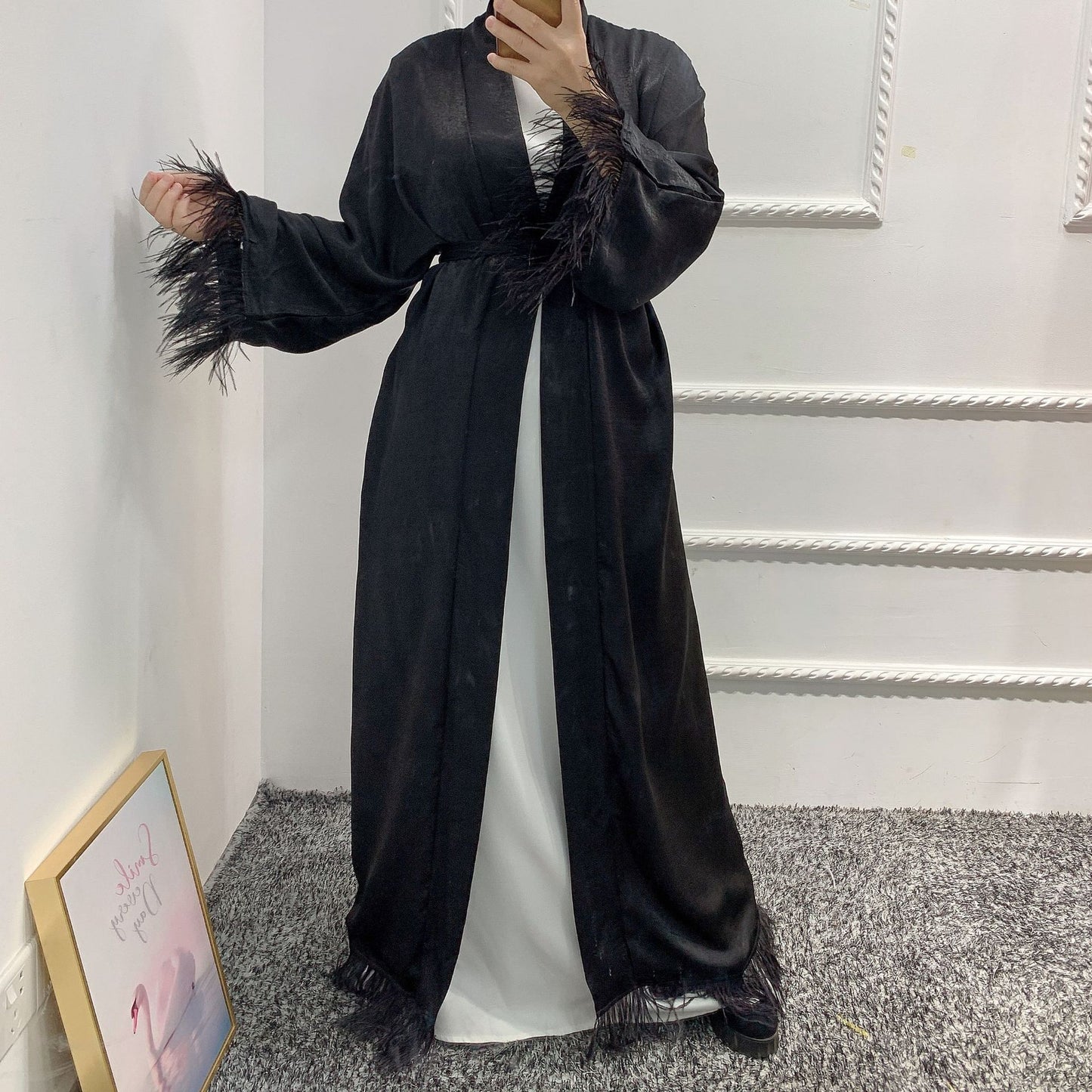 Dubai Cardigan Mode Pelz Spitze Damen Robe Kleid