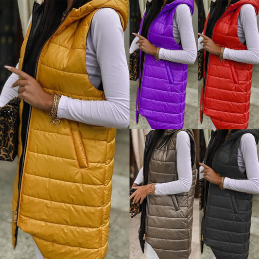 Cardigan Hooded Vest Single-breasted Sleeveless Pocket Mid-length Jacket