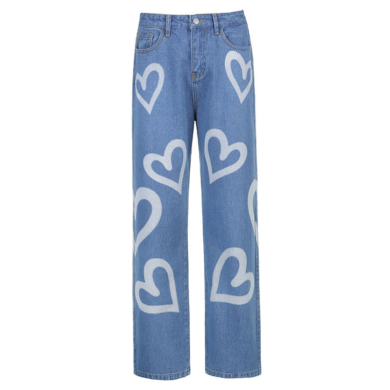 Jeans aderenti dritti a vita alta da donna con graffiti Love