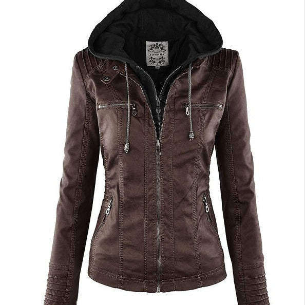 Women's Detachable Lapel Long Sleeve Solid Color Zipper Leather Jacket Coat