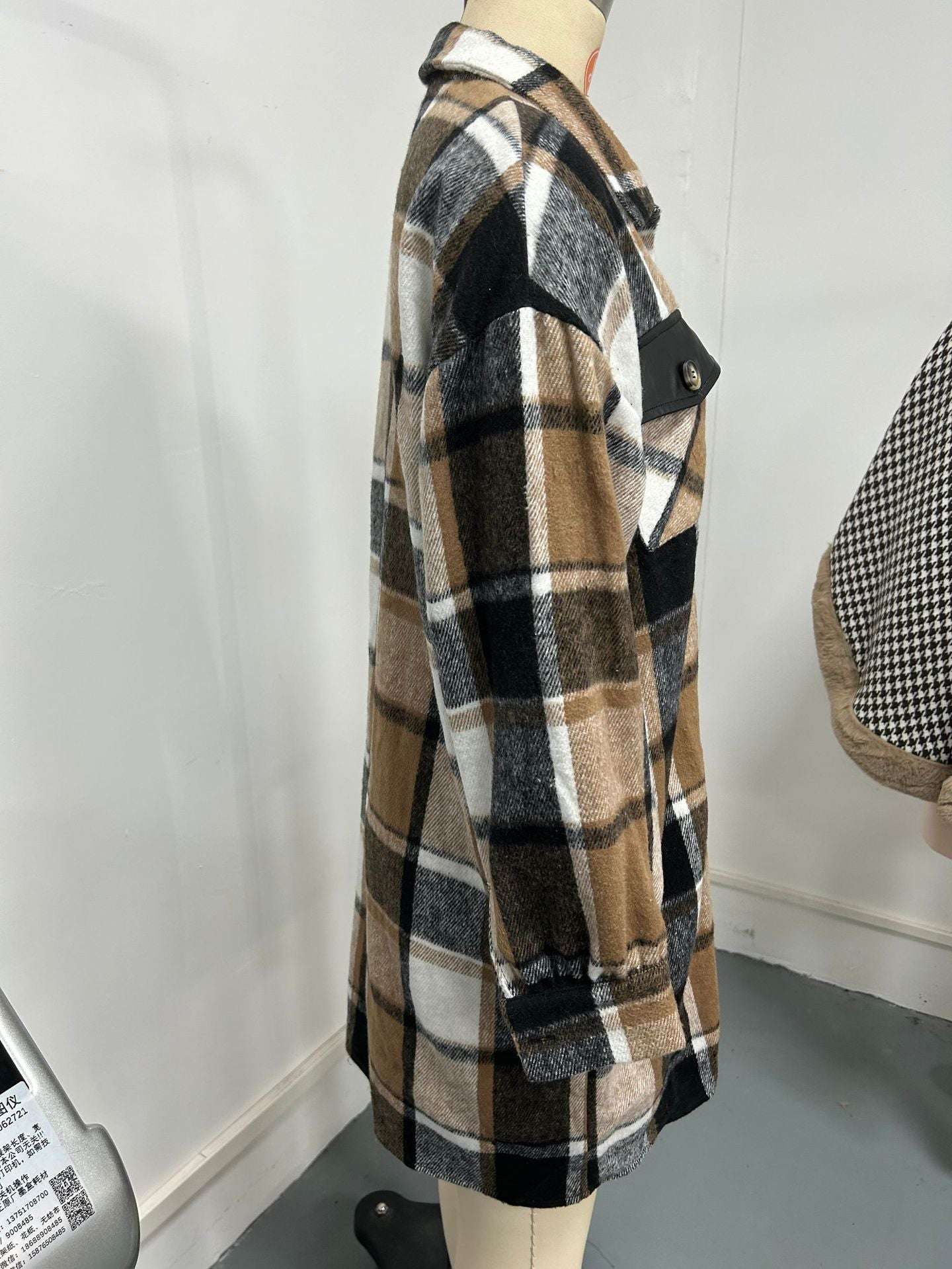 Women Casual Plaid Printed Pocket Long Jacket