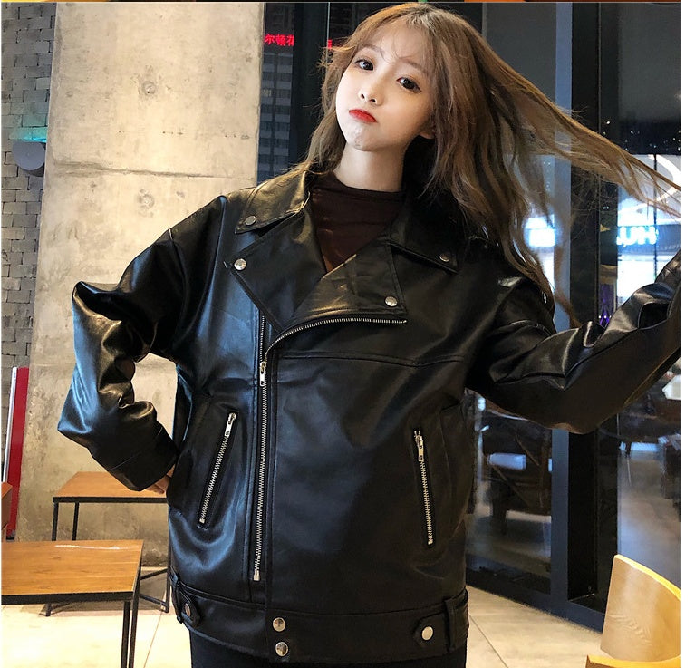 Leather coat women's autumn winter new Korean loose casual casual casual wear Pu motorcycle jacket ins fashion