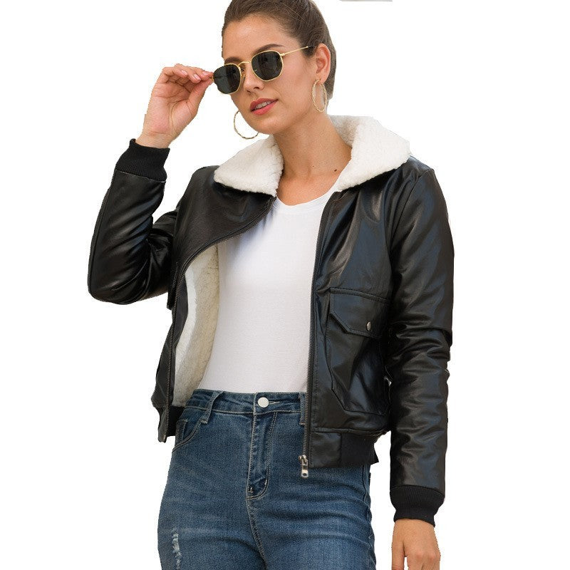 Women's short pu leather jacket plus cashmere