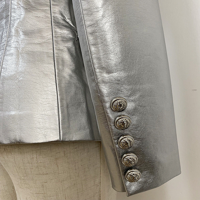 Double-breasted Shiny Silver Synthetic Leather Slim Suit Jacket