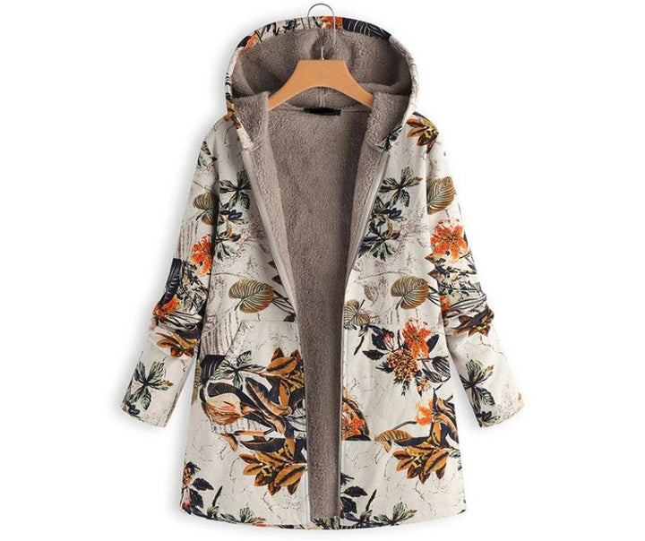 Autumn And Winter New Women's Vintage Warm Printing Pocket Thickened Zipper Hoodie