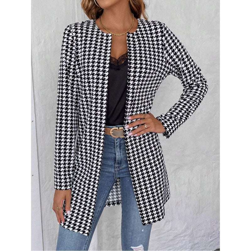 Women's Clothing Houndstooth Long Coat