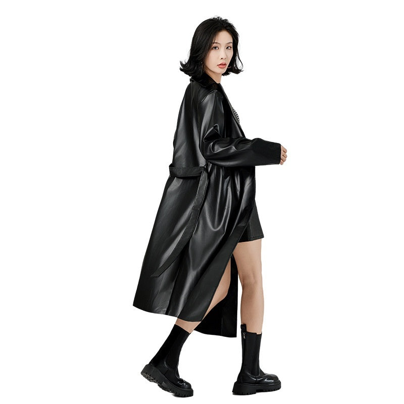 Extra Long Bathrobe Leather Wind Coat Women's Leather Jacket