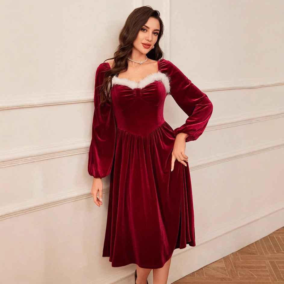 Women's Vintage Christmas Party Long Sleeve Red Velvet Dress Square Collar Dress Elegant Slimming Waist Autumn Women's Clothing