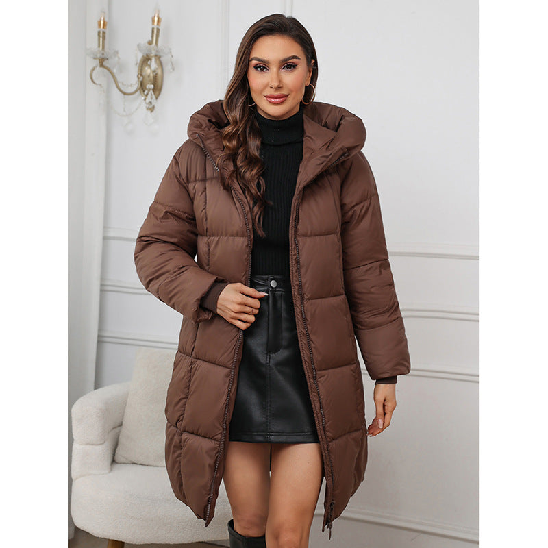 Mid-length Thickened Upgraded Plus Size Fashion Casual Hooded Pure Color Cotton Clothing Coat For Women