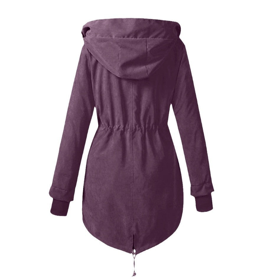 Women's Autumn And Winter Solid Color Casual Waist Tight Fleece-lined Anorak