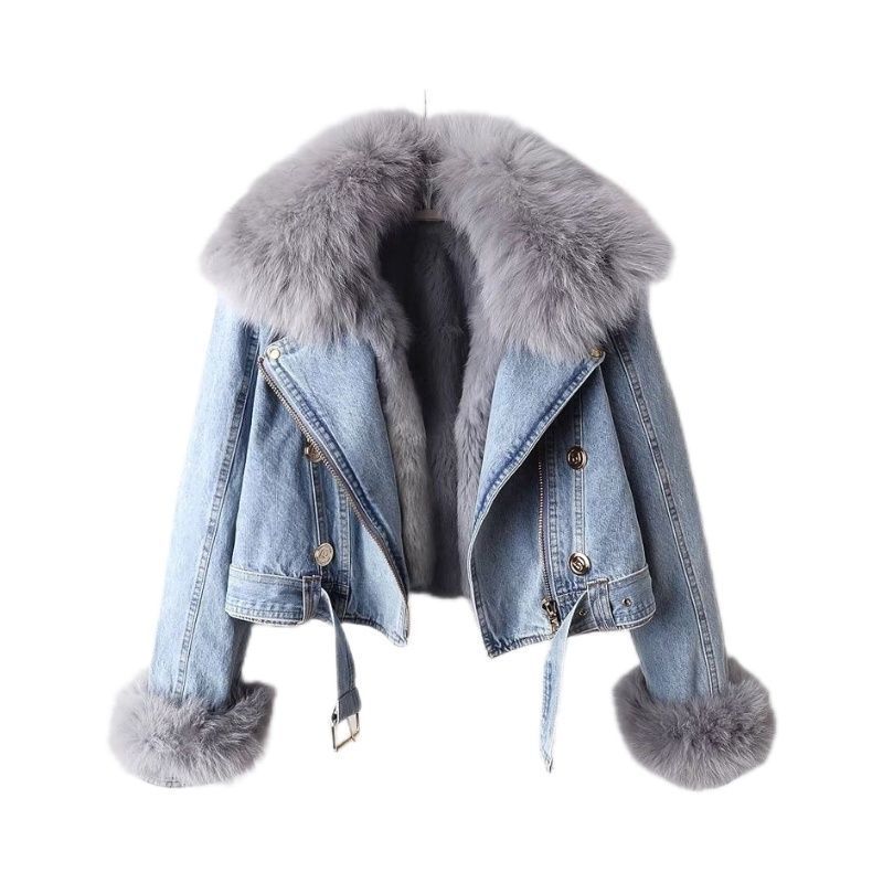 Detachable Faux Fox Fur Rabbit Fur Liner Denim Coat