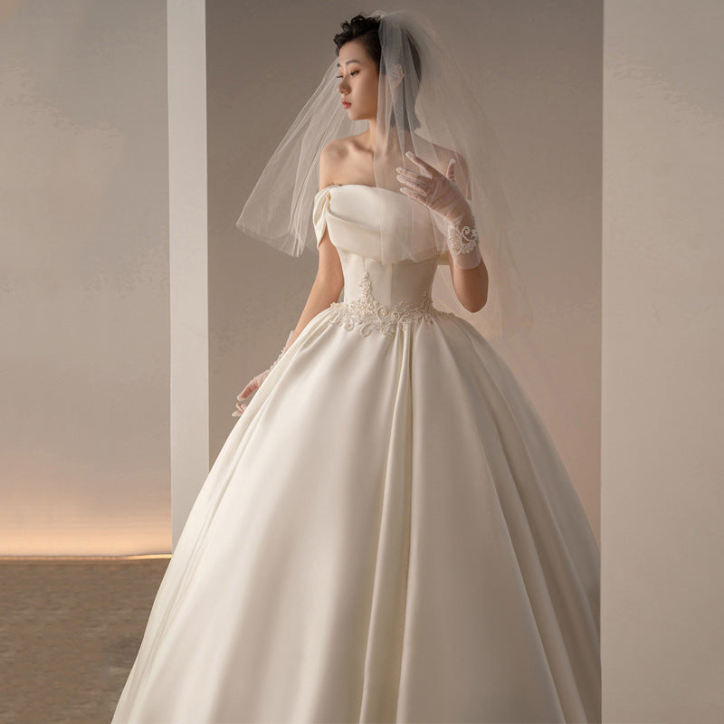 Off-shoulder Retro Satin Trailing Wedding Dress