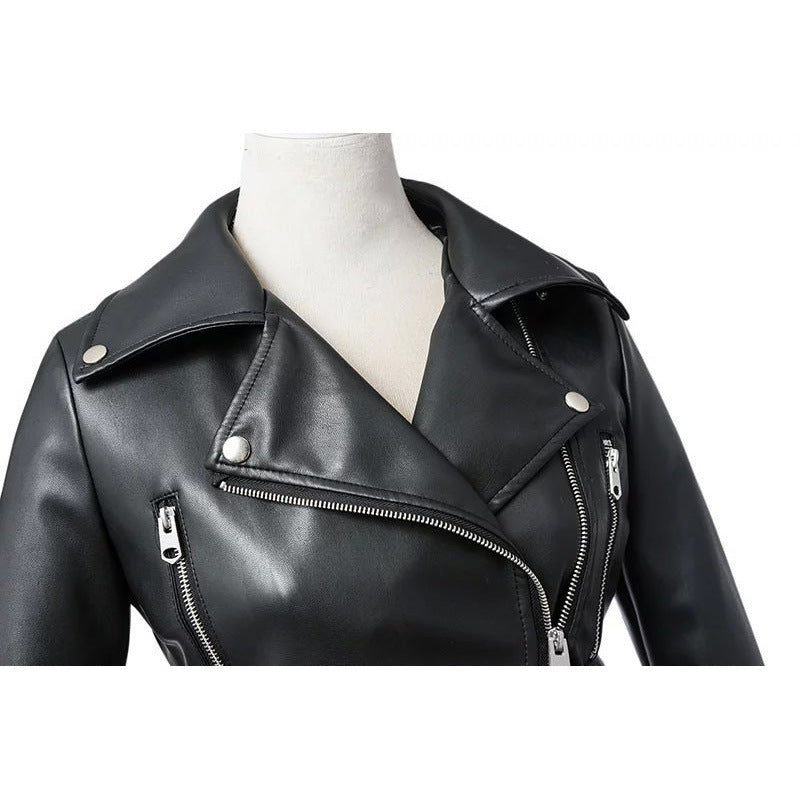 Women's Short Slim High Waist Motorcycle Leather Jacket