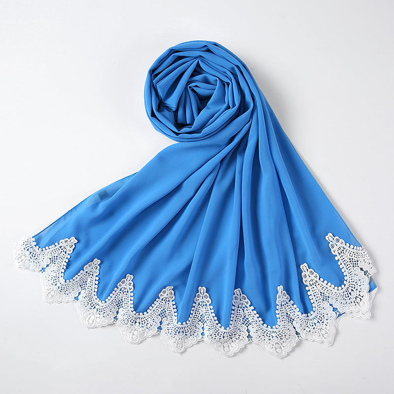 New Pearl Chiffon Scarf Malaysia Fashion Stitching Lace Scarf