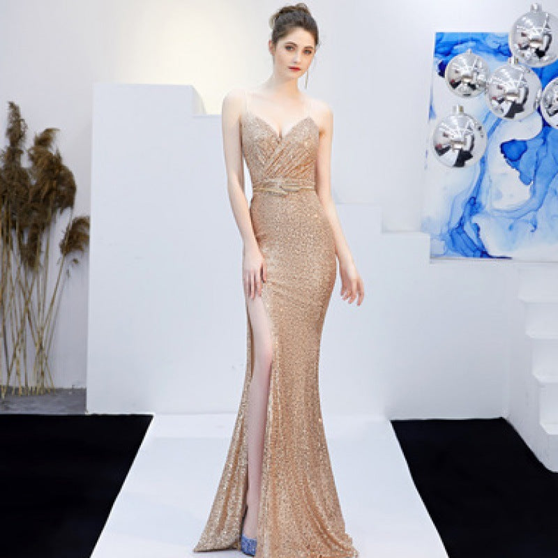 New Banquet Elegant Annual Meeting Long Host Deep V Sexy Fishtail Sequined Dress