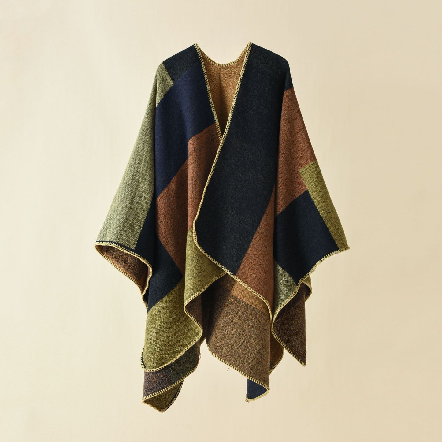 Double-sided Color Matching Plaid Cashmere-like Shawl Outer Match Cape Coat