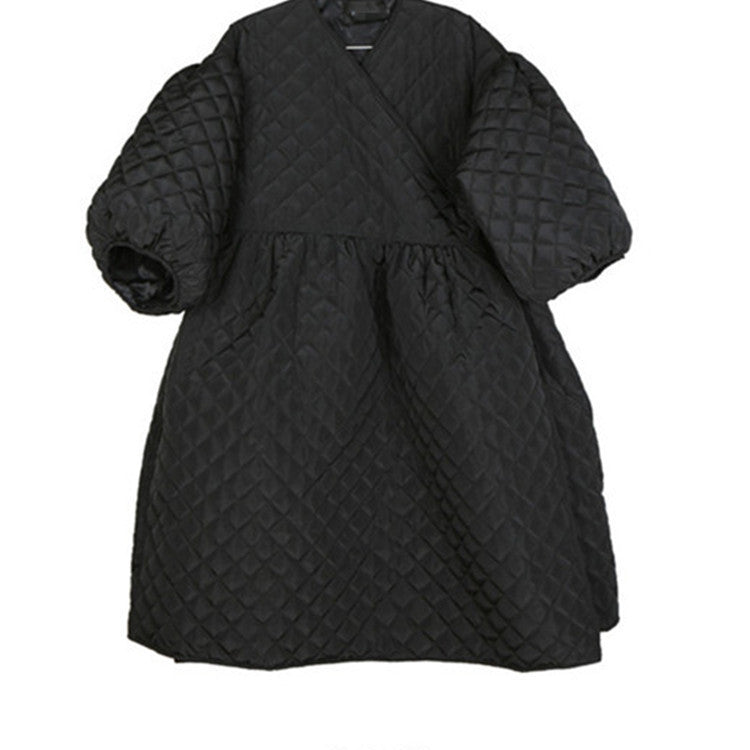 Oversize Lantern Sleeve Diamond Plaid Embossed Long Loose Cotton Coat