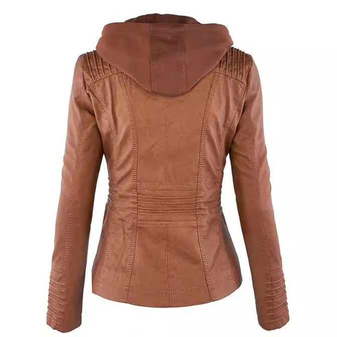 Women's Detachable Lapel Long Sleeve Solid Color Zipper Leather Jacket Coat