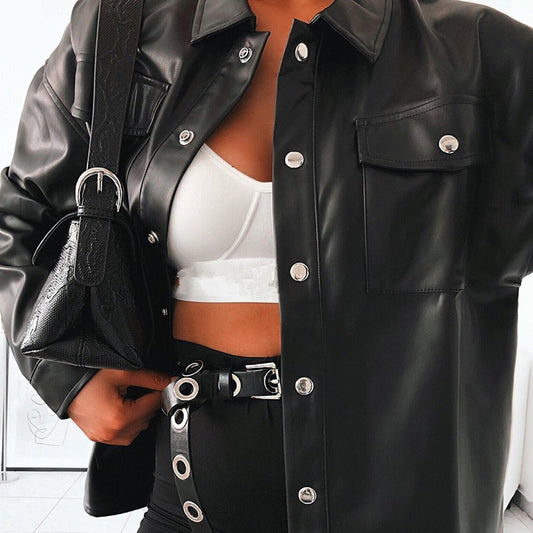 Motorcycle Cool Girl Leather Shirt With Metal Buckle Top