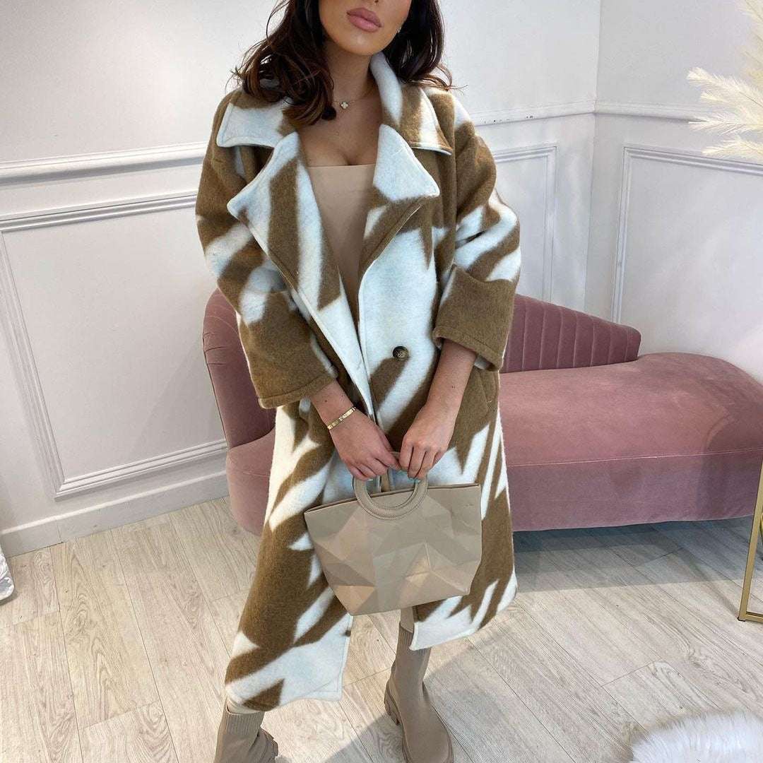 Women's Color Matching Fashion Long Sleeve Turn-down Collar Coat