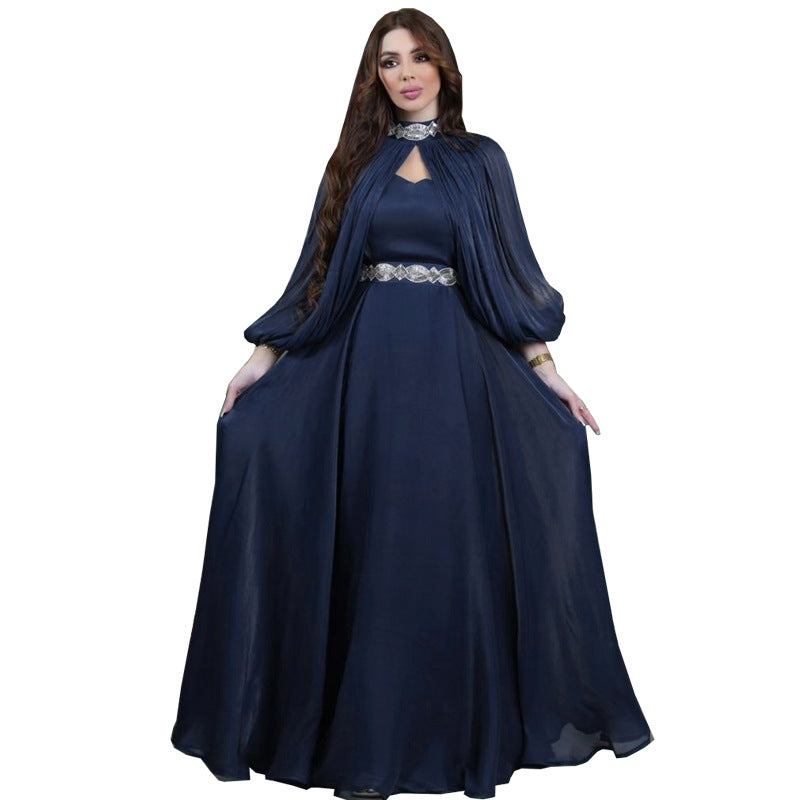 Women's Two-piece Hot Drilling Bright Silk Fashion Satin Robe Abaya