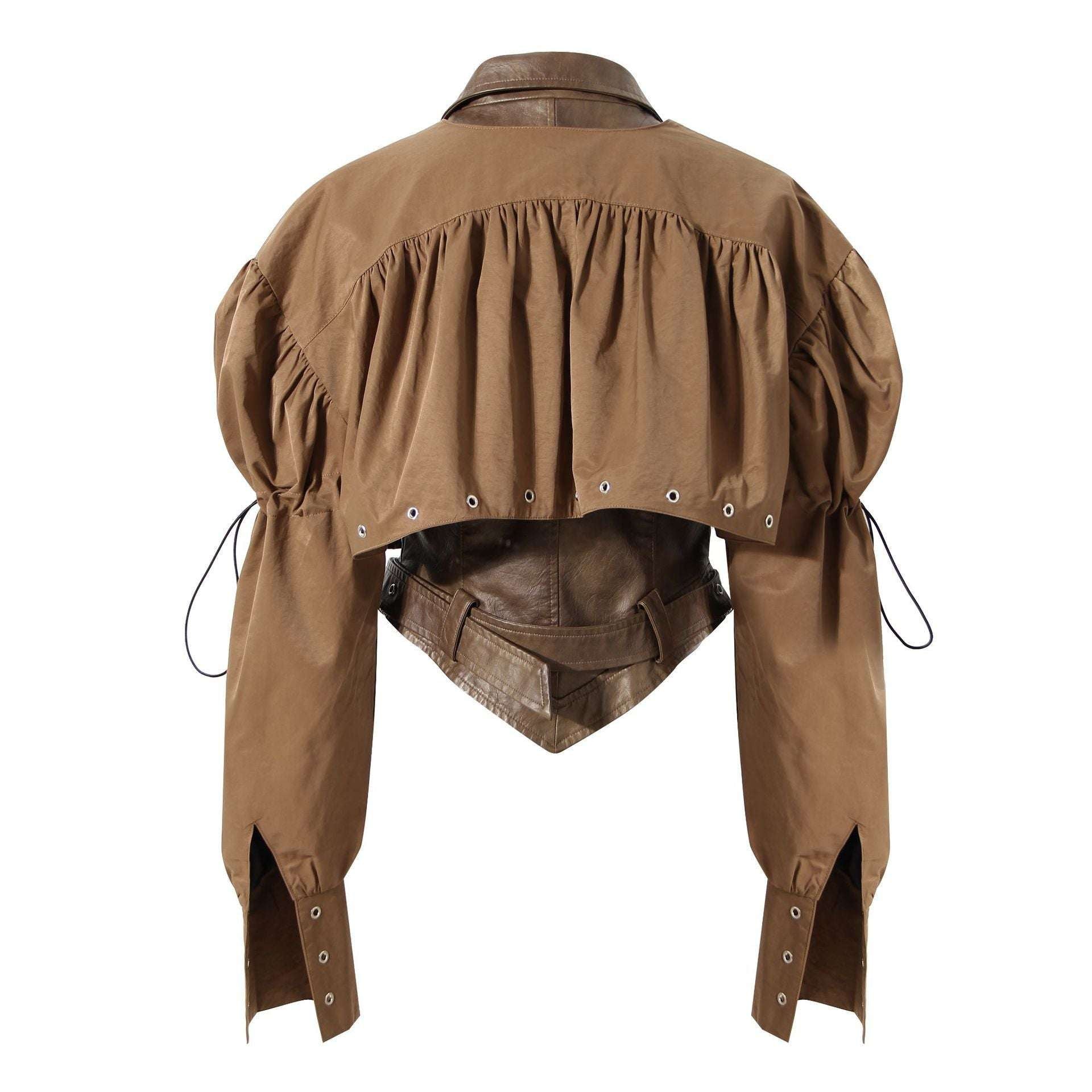 Niche Design Two-piece Coat Cape Stitching PU Handsome Waist-tight Jacket