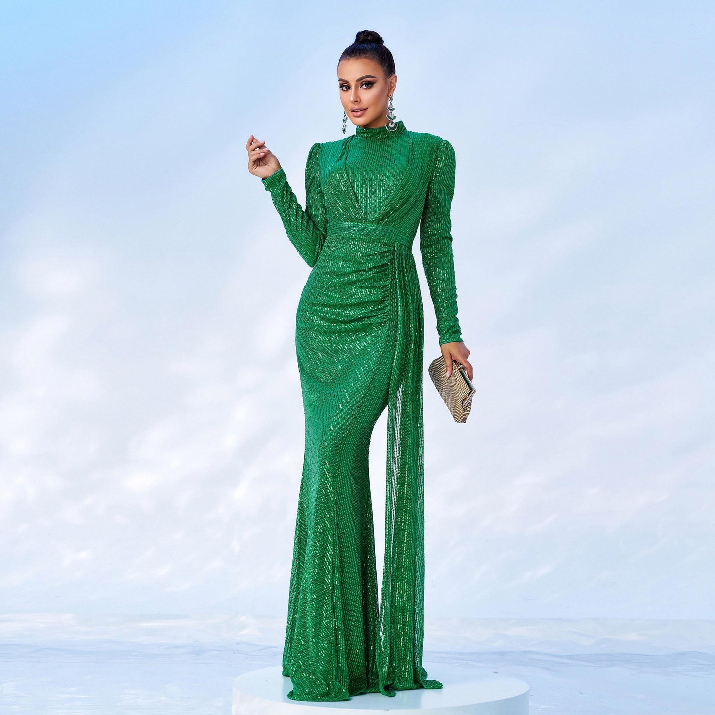 Long Sleeve Round Neck Sexy Slim Long Sequined Banquet Dress