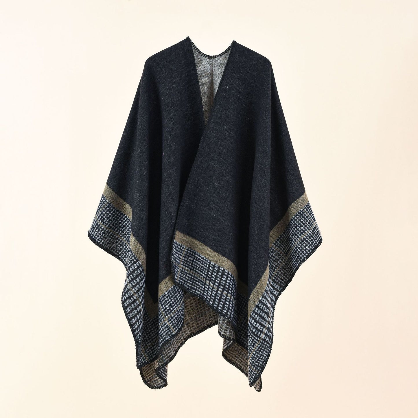 Double-sided Color Matching Plaid Cashmere-like Shawl Outer Match Cape Coat