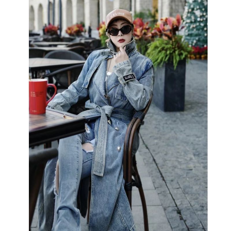 Personality Retro Long Denim Trench Coat