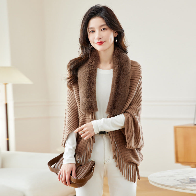 Women's Loose Tassel Fashion Shawl Jacket With Fur Collar