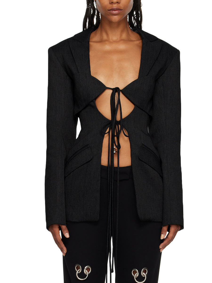 Fashionable V-shaped Hollow-out Cinched Irregular Blazer