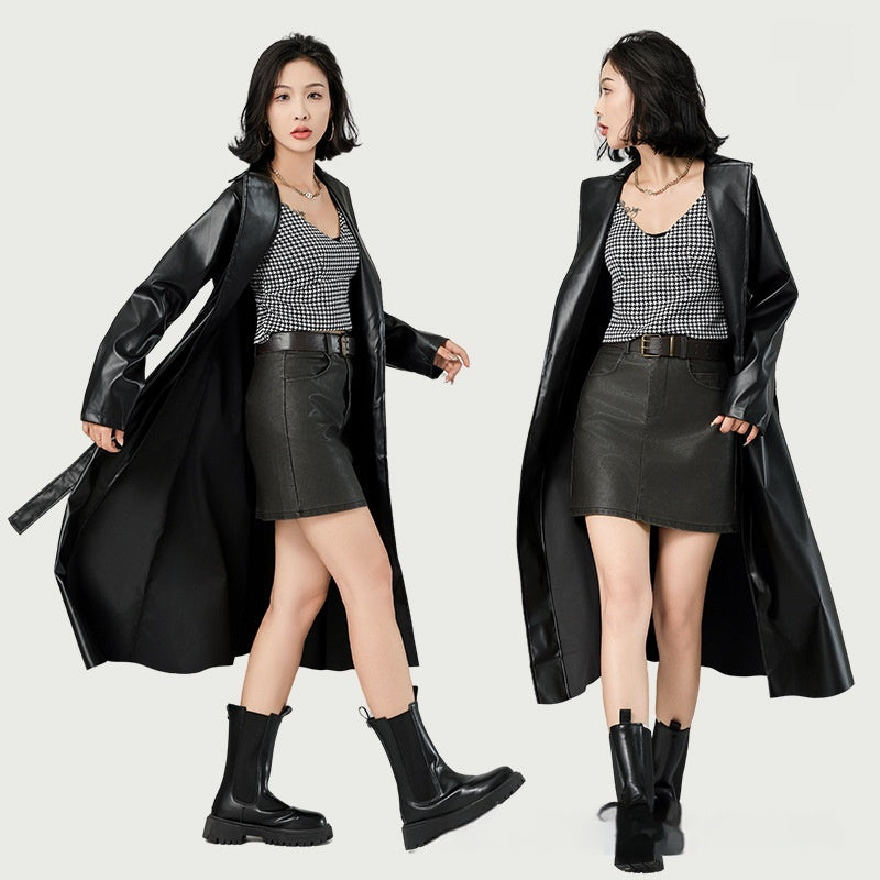 Extra Long Bathrobe Leather Wind Coat Women's Leather Jacket