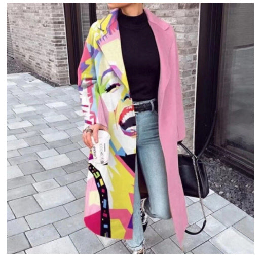 Women Printed Round Neck Woolen Coat