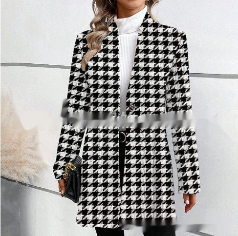 Printed Stand Collar Mid-length Long Sleeve Trench Coat