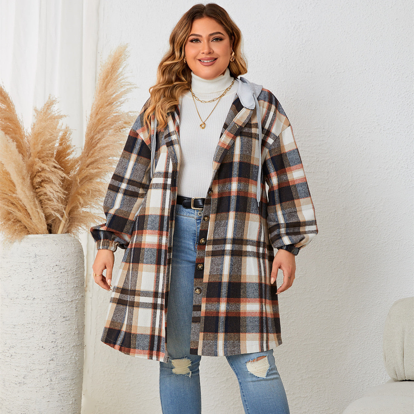 Women Autumn Winter Plus-sized Plaid Hooded Mid-length Coat