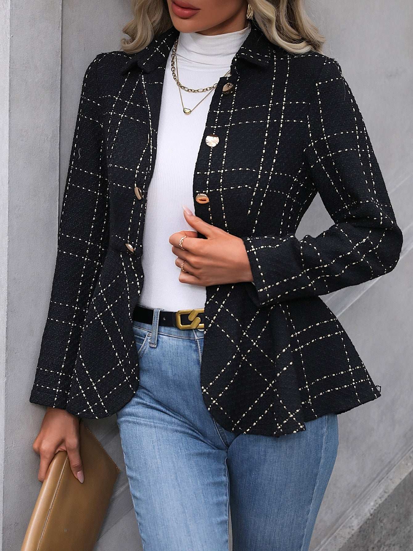 Women's Lapel Ruffled Slim Double-breasted Blazer