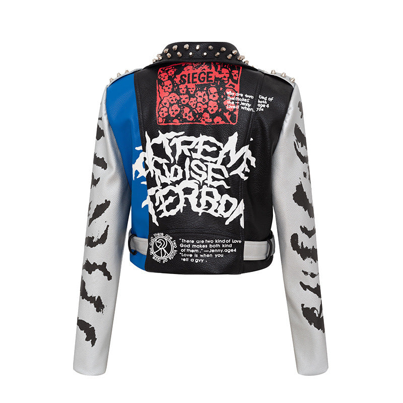 Graffiti Print Coat Short Coat Slim Leather Motorcycle Leather Jacket