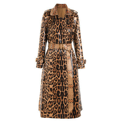 Women Loose Leather Pattern Brown Long Trench Coat