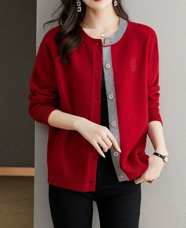 Round Neck Wool Knit Cardigan Women's Loose Western Style Outer Wear