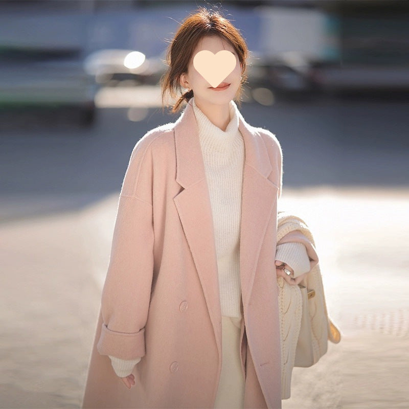 Pink Double-faced Woolen Goods Cashmere Trench Coat Women's Mid-length