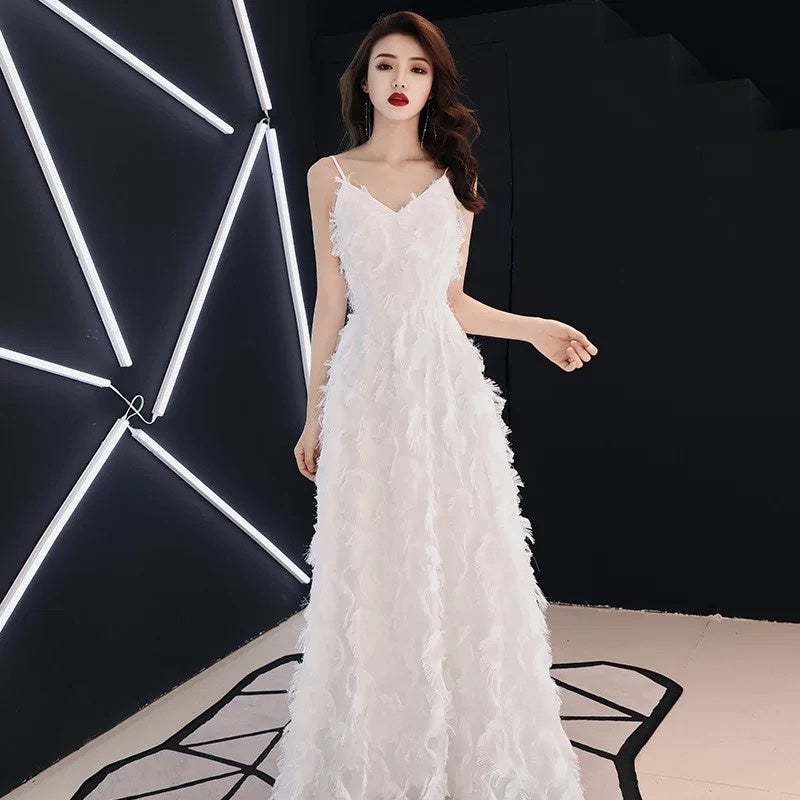 Evening Dress Female White Suspenders Birthday Party