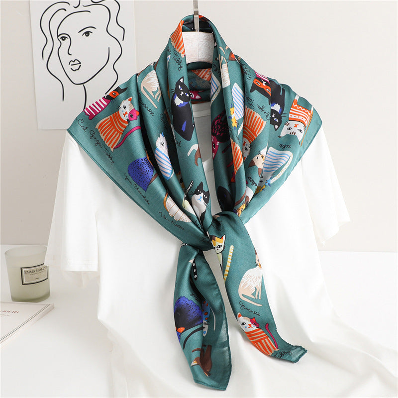 Cartoon Cat Silk Scarf  Fashion Sun Protection