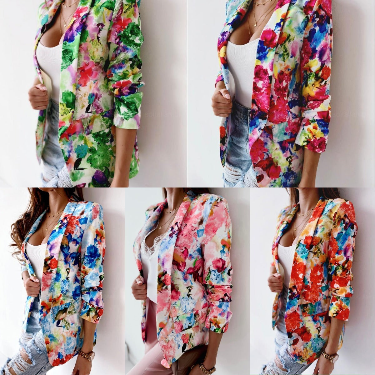 Digital Printing Long Sleeve Lapel Floral Slim Fit Women's Jacket